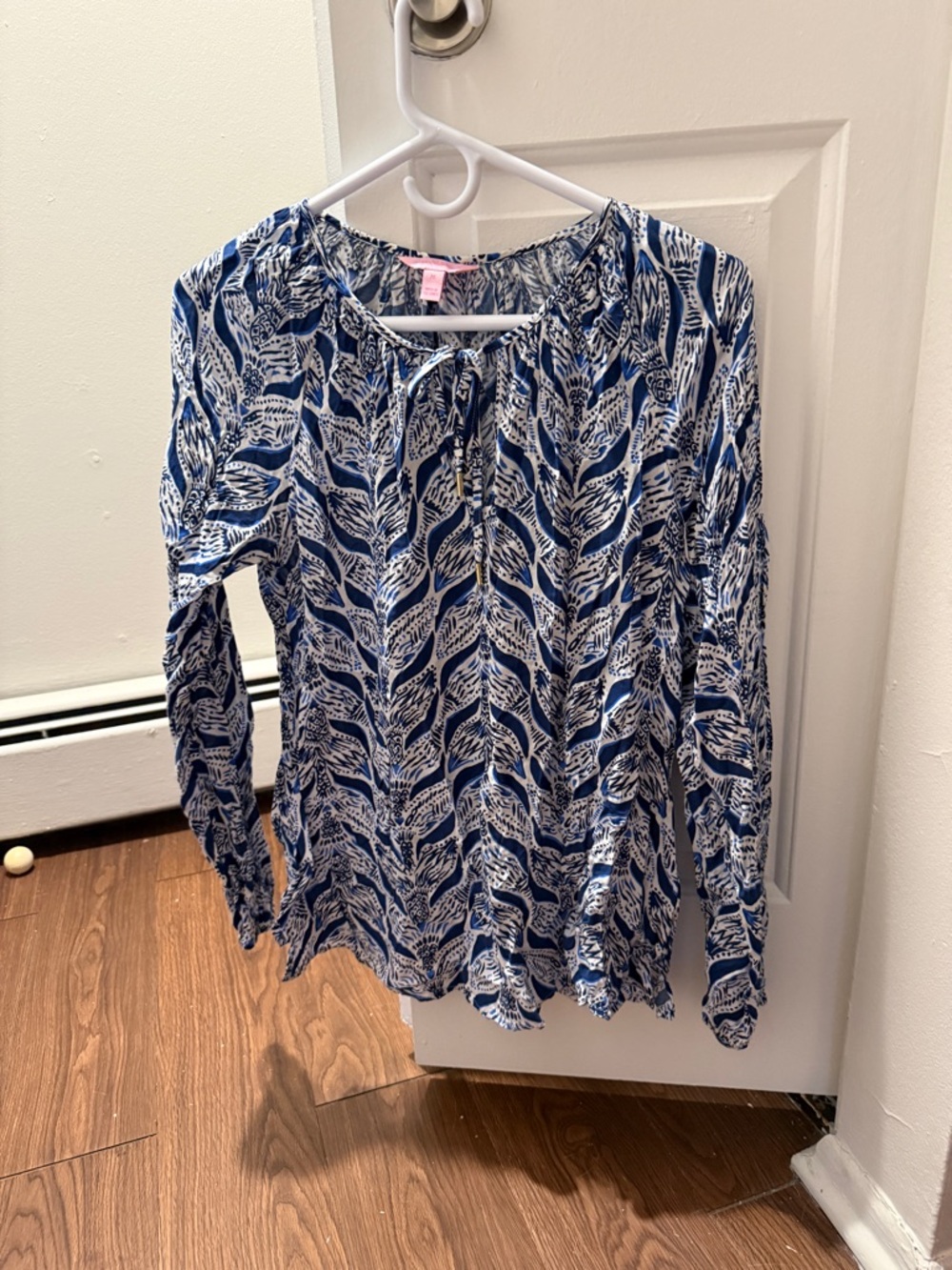 Lilly Pulitzer navy blue shell tie-neck blouse